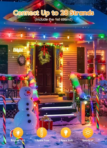 Miniatura 5 de Luces LED de Navidad vintage C9 para exteriores, cadena de 50 pies con 25 bombillas inastillables, impermeables, conectables, luces de árbol