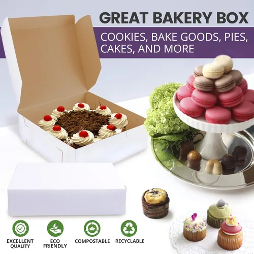 Miniatura 3 de Fit Meal Prep Paquete de 25 cajas de pastelería de 9 x 9 x 3 pulgadas, caja de panadería blanca para galletas, cartón de papel kraft compostable