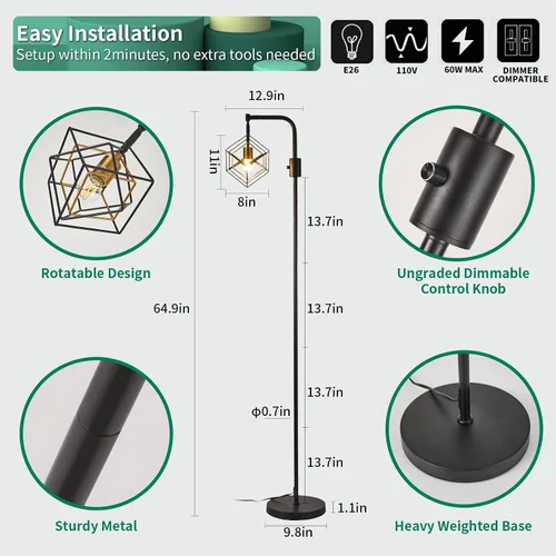 Miniatura 3 de Lámpara de pie regulable para sala de estar, 1 lámpara rústica de pie alta, moderna lámpara de pie brillante, lámpara de pie industrial