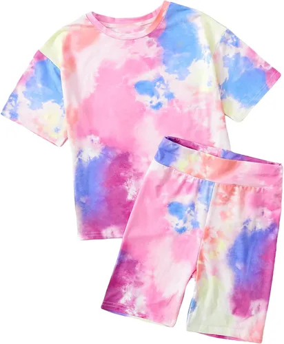 SOLY HUX Camiseta de manga corta con cuello redondo y pantalones cortos de motociclista para niña, traje de verano de 2 piezas