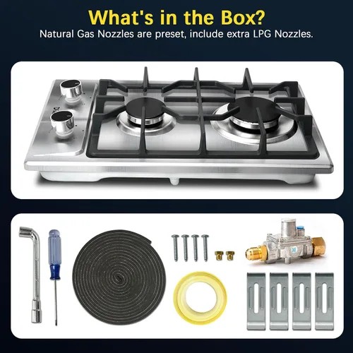 Miniatura 5 de Cocina de gas de 2 quemadores de propano - Estufa de gas de acero inoxidable de 12 pulgadas para combustible dual LPG/GN, quemador de gas portátil
