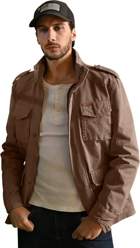 Miniatura 5 de WenVen Chaqueta ligera de estilo militar para hombre, rompevientos de algodón de sarga