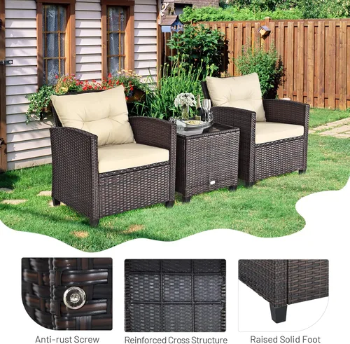 Miniatura 5 de Juego de muebles de mimbre para patio, juego de sofá para exteriores con cojín resistente al agua y mesa de vidrio templado, color marrón