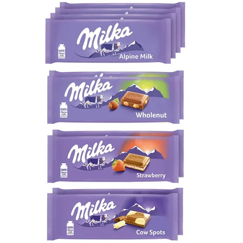 Milka Paquete variado de barras de chocolate europeas, chocolate con leche alpino, manchas de vaca, fresa y avellana integral, 10 barras de 3.52