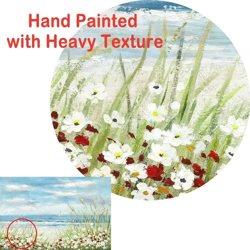 Miniatura 2 de UTOP-art Arte de Pared de Pintura Abstracta de Flores Silvestres: Flores en la Playa con Olas del Océano, Paisaje Marino, Obra de Arte en Lienzo