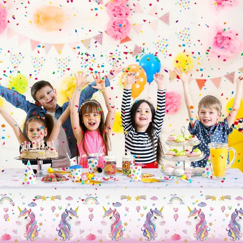 Miniatura 7 de Tiamon 1 mantel de unicornio desechable de unicornio, manteles rectangulares de plástico más grandes para baby shower, suministros de fiesta