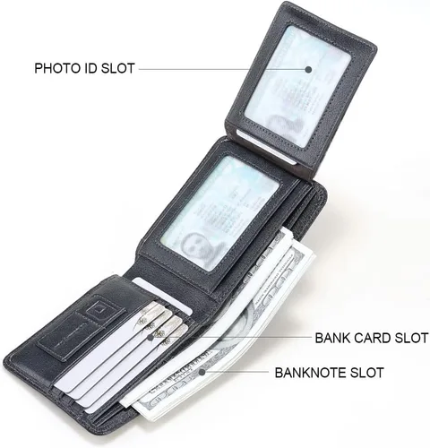Miniatura 10 de Billetera de piel triple con bloqueo RFID para hombre con 2 ventanas de identificación, 2 compartimentos para efectivo, 6-8 ranuras para tarjetas