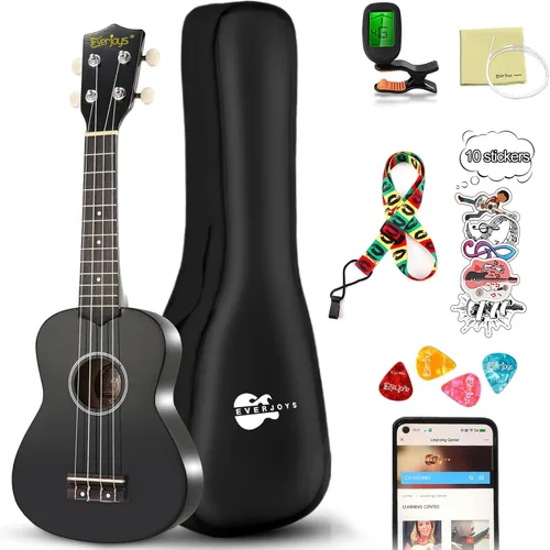 Kit de ukelele soprano para principiantes de 21 pulgadas con correa de sintonizador de bolsa de concierto en línea gratuita, rápido de aprender
