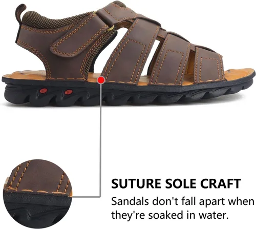 Miniatura 4 de VOCECO - Sandalias de cuero para hombre con puntera abierta, ajustables, ligeras, para playa y verano