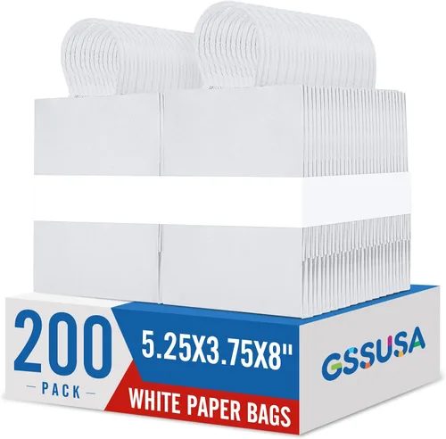 Miniatura 11 de GSSUSA Paquete de 200 bolsas de regalo de papel negro de 5.25 x 3.75 x 8 pulgadas, bolsas de papel kraft negras con asas a granel para compras