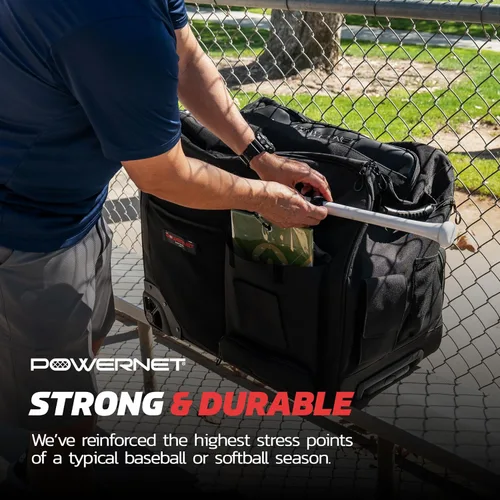 Miniatura 5 de PowerNet Bolsa de cubo con ruedas, capacidad para 2 cubos de pelotas de béisbol y sóftbol de 6 galones, bolsillos de almacenamiento para bate