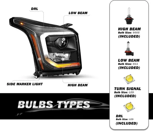 Miniatura 6 de SOCKIR Conjunto de faros delanteros y antiniebla para GMC YUKON SLT 2015-2020, SLE/Yukon XL SLT, SLE OE - Par de faros halógenos de fábrica, carcasa