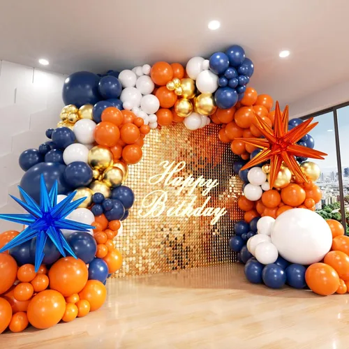 Kit de arco de globos de color azul y naranja, azul marino, naranja, metálico, dorado y blanco, globos de diferentes tamaños para niñas, cumpleaños,