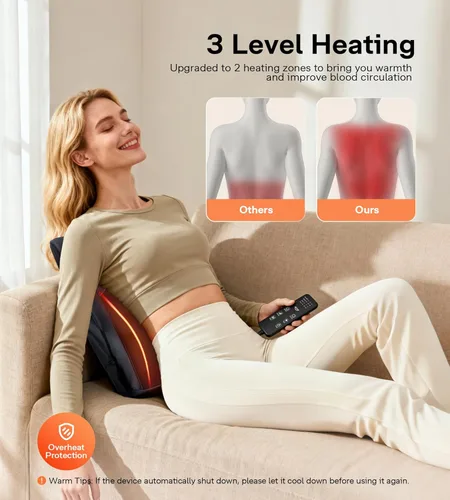 Miniatura 2 de ALLJOY Masajeador térmico de espalda para aliviar el dolor de espalda, almohada de apoyo lumbar Shiatsu de tejido profundo con 3 modos de masaje, 3
