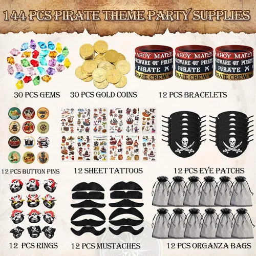 Miniatura 3 de 144 piezas de suministros de fiesta pirata incluyen pulsera pirata náutica tatuaje botón pin ojo parche oro moneda gema anillo bigote organza bolsa