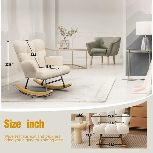 Miniatura 2 de Gaussen Mecedora planeadora para guardería, cómoda silla decorativa con respaldo alto, sillas de sala de estar tapizadas suaves para lectura, Blanco