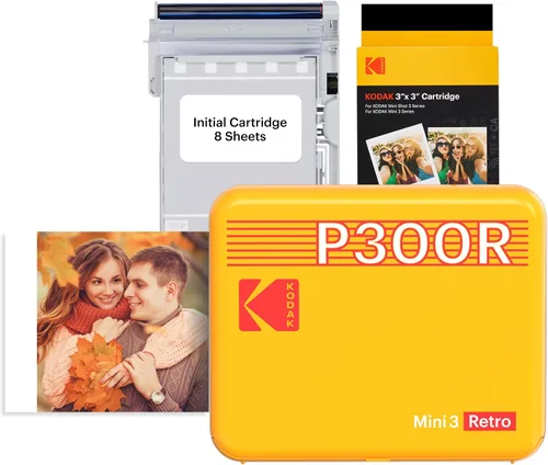 KODAK Mini 3 Retro - Impresora portátil para fotografías de 3 x 3 pulgadas, con tecnología 4PASS, paquete inicial con 8 hojas + 60 hojas, color