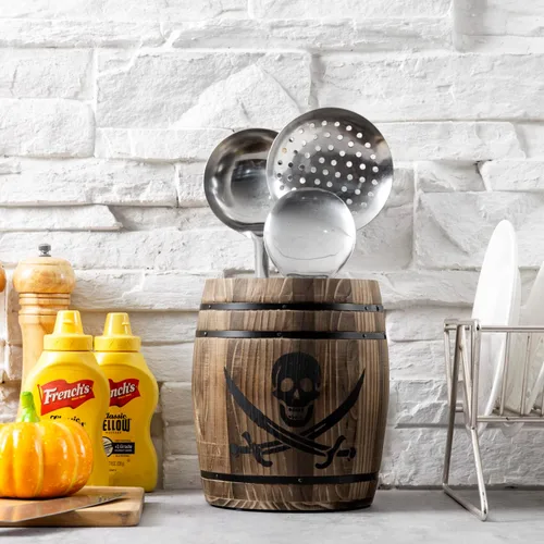 Miniatura 3 de MyGift Cántaro para Utensilios de Cocina Estilo Barril de Ron de Piratas de Madera Rústica Quemada, Soporte para Herramientas de Cocina