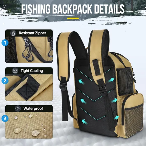 Miniatura 5 de PLUSINNO - Mochila de pesca con portacañas y enfriador de 45L, mochila grande resistente al agua para aparejos de pesca, ideal para guardar