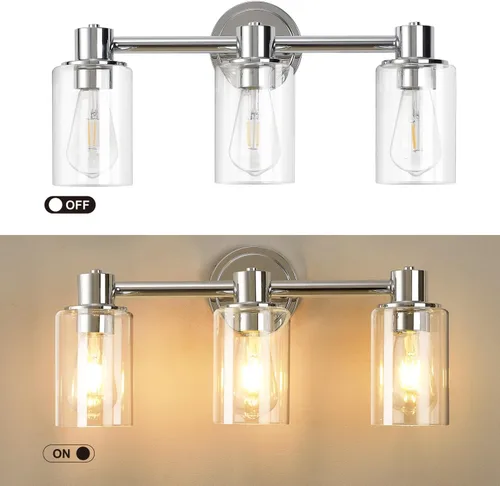 Miniatura 3 de Lámpara de pared de baño de 3 luces cromadas con luces de vidrio transparente sobre espejo, base E26 Cromo