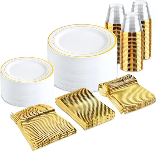 Miniatura 20 de bUCLA Juego de vajilla de plástico dorado desechable de 150 piezas, platos dorados resistentes que incluyen 25 platos de cena y 25 platos de postre