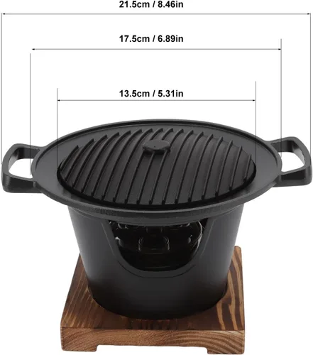 Miniatura 7 de Parrilla de carbón, parrilla de carbón portátil Hibachi japonesa con base de madera, 8.46 x 6.89 x 5.31 pulgadas, parrilla portátil sin humo