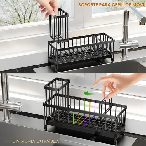 Miniatura 5 de Cisily Soporte de esponja negro extra grande para fregadero de cocina, organizador de fregadero con soporte alto para cepillos, organizadores