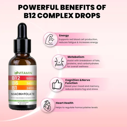Miniatura 2 de Gotas líquidas de vitamina B12 y B6, complejo de vitamina B sublingual B12 - Vitamina B 12 5000mcg - B12 metilcobalamina para energía, cerebro