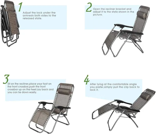Miniatura 6 de Juego de 2 sillas ajustables de gravedad cero, Textilene plegable para exteriores con almohada extraíble, reclinables portátiles y livianas para Gris