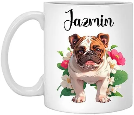 Personalized Flower Dog Mug, French Bulldog Name Mug, Dog Mom, Dog Dad, Gift for Mom, Dog Name Jazmin 11oz White Mug Flower Mug, Pet Mug, Gift for