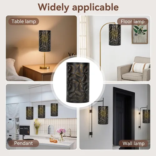 Miniatura 5 de Pantalla de lámpara de tambor grande de metal de corte negro, pantalla de metal de barril, cubierta de sombra de luz decorativa para mesita