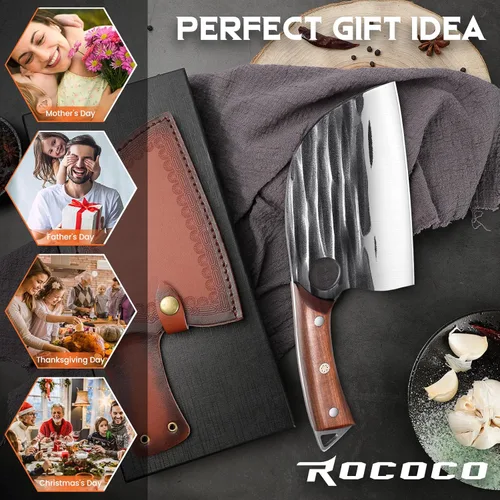 Miniatura 7 de ROCOCO Cuchillo de Chef Serbio Cuchillo Carnicero Cuchilla con Funda para Cocina Exterior BBQ Camping Regalo de Cumpleaños Padre Madre Navidad