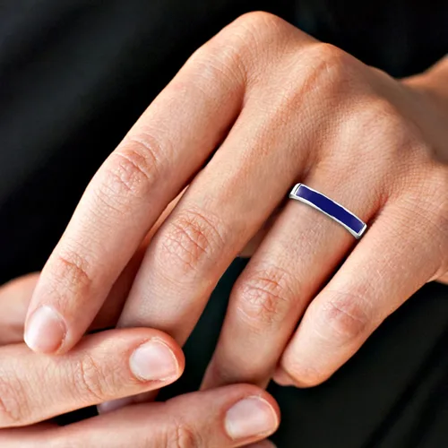 Miniatura 5 de AeraVida Anillo de plata de ley 925 con incrustaciones de lapislázuli azul de imitación de barra rectangular Anillos de boda clásicos para mujer