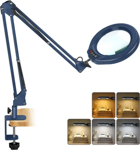 Miniatura 11 de VEEMAGNI Lupa grande de cristal real de 12 x 5 pulgadas con luz y soporte, 5 modos de color regulable, brazo giratorio largo LED abrazadera lámpara