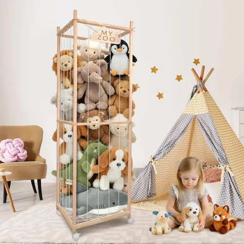 Miniatura 8 de Zoo de almacenamiento de animales de peluche con ruedas, 64 pulgadas de madera grande de animales de peluche organizador de juguetes para niños