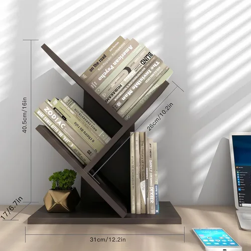 Miniatura 3 de Godferyxin Estantería de árbol, estantería pequeña de madera de 3 niveles y mini estantería para oficina, hogar o escuela, estante de escritorio