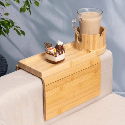 Miniatura 10 de Soporte de taza para sofá para reposabrazos de más de 4.9 pulgadas de ancho, bandeja de brazo de sofá de madera de acacia con soporte de taza