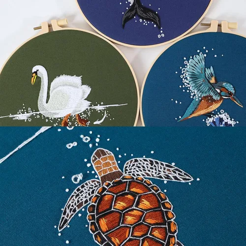 Miniatura 5 de Kit de bordado Picoey para principiantes con patrón de animales e instrucciones, paquete de 4 kits de punto de cruz, 2 aros de madera para bordar