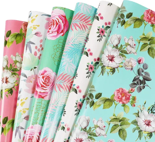 Miniatura 8 de Papel de regalo para niñas y mujeres, 12 hojas de papel de regalo floral de cumpleaños, papel de regalo plegado colorido rosa y verde para Floral 12