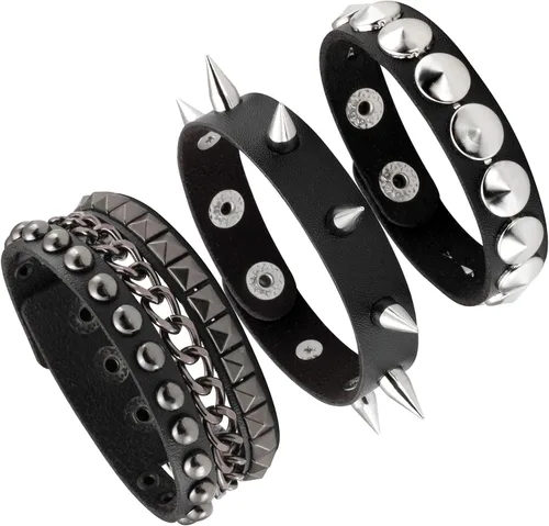 Miniatura 8 de MILAKOO 3 unids hombres tachonado brazalete remaches pulsera cuero remaches pulsera