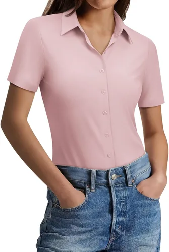 Miniatura 12 de Gleeivy Camisas con botones para mujer, ajustadas, de manga corta, elásticas, para el trabajo, sin arrugas, blusas de oficina
