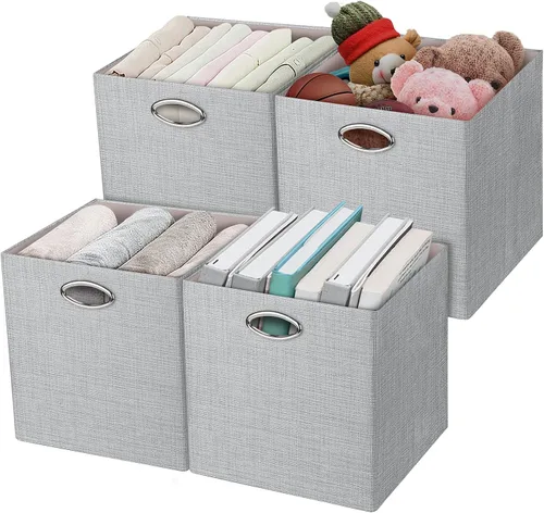 Miniatura 5 de Posprica Cubos de almacenamiento plegables, 11 x 11 x 11 pulgadas, contenedores de tela, 4 unidades, color beige