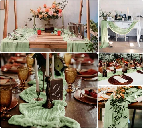 Miniatura 5 de Paquete de 8 caminos de mesa de estopilla verde salvia de 10 pies, camino de mesa de gasa, tela de queso, 35x120 pulgadas, caminos de mesa bohemios