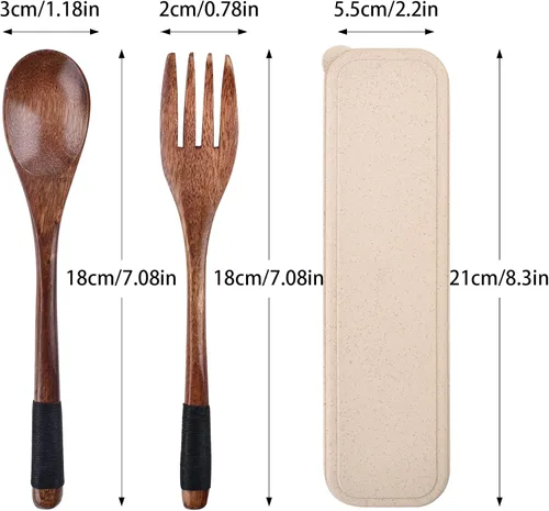 Miniatura 2 de Juego de cubiertos de madera, cuchara y tenedor, cubiertos de viaje reutilizables con estuche, utensilios portátiles, procesamiento de cuerda