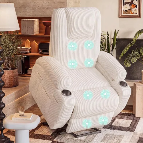 Miniatura 12 de Furmax Silla reclinable eléctrica con masaje para personas mayores, tela de pana, sillón reclinable individual con portavasos, bolsillos laterales