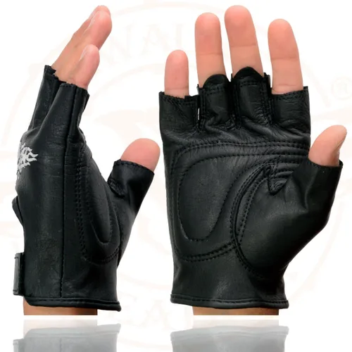 Miniatura 4 de Milwaukee Leather SH353 - Guantes de mano para motocicleta sin dedos acolchados de gel de cuero negro con calavera y huesos bordados