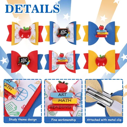 Miniatura 3 de Whaline 6 pinzas para el pelo con lazo para el regreso a la escuela, libro de manzanas, pizarra, lazo para el pelo, pasador colorido de piel