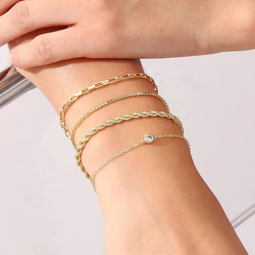 Miniatura 3 de Pulseras de oro para mujer, juego de pulseras en capas de oro de 14 quilates, delicadas cadenas de espiga de espiga, pulseras cubanas de oro