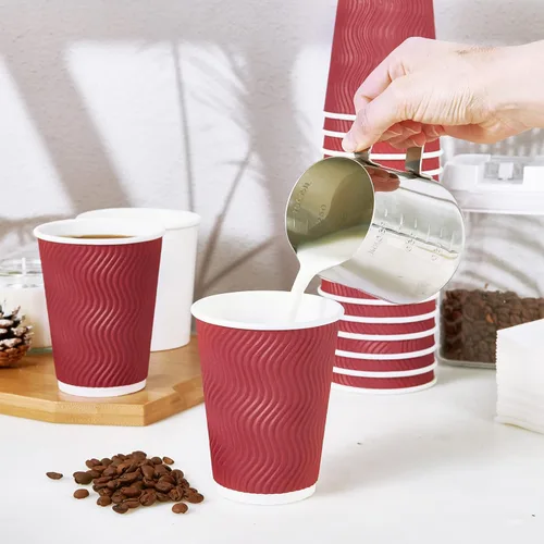 Miniatura 7 de JollyPack Paquete de 60 tazas de café de papel de 12 onzas, vasos desechables de color rojo vino con pared ondulada aislada para café, té y Vino