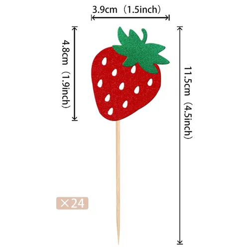 Miniatura 2 de 24 piezas de adornos para cupcakes de fresa, purpurina roja, temas de frutas, bayas y fresas, para verano, dulces, baby shower, fiesta